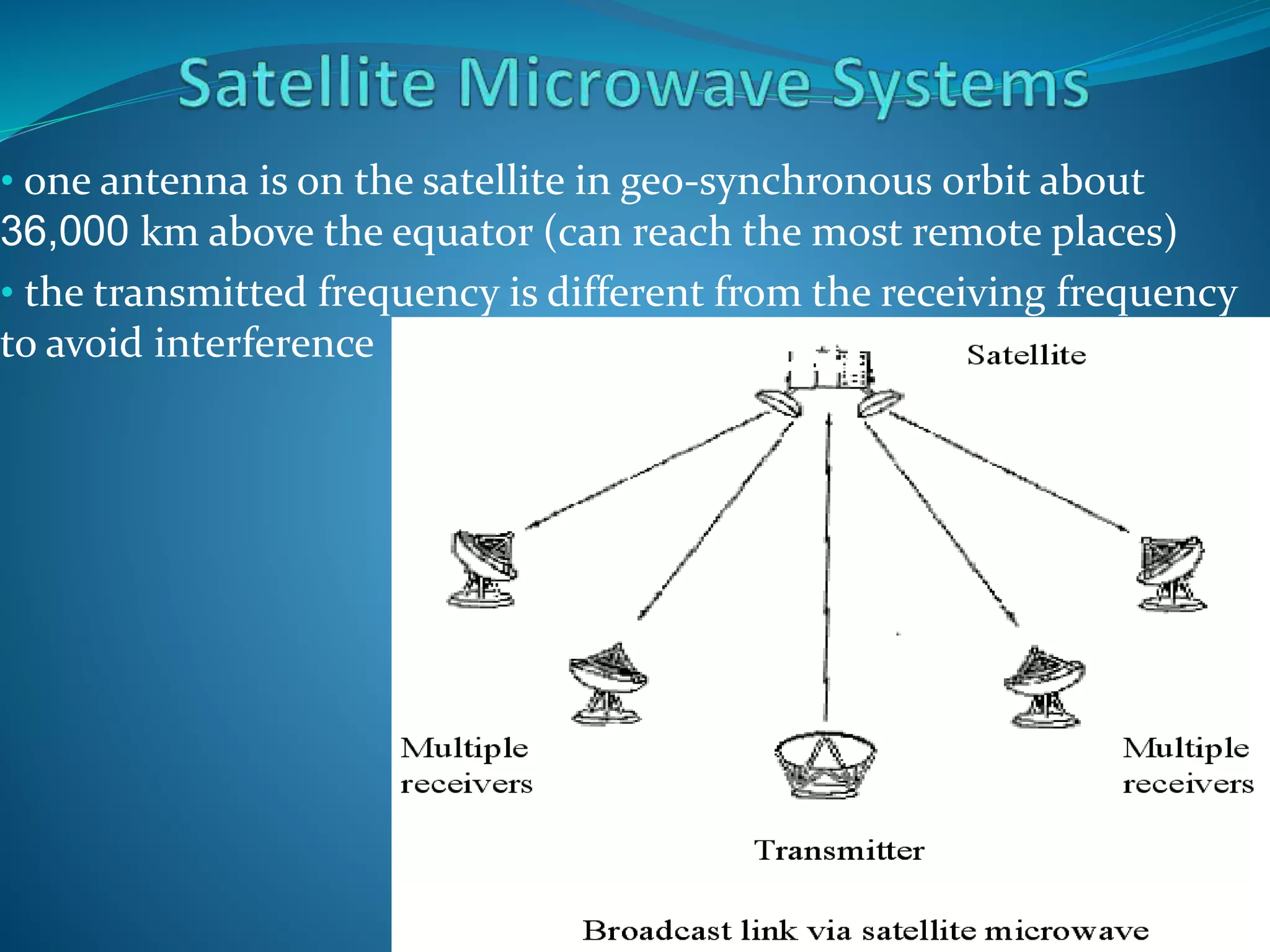• one antenna is on the satellite in geo-synchronous orbit about
36,000 km above the equator (can reach the most remote places)
• the transmitted frequency is different from the receiving frequency
to avoid interference
 