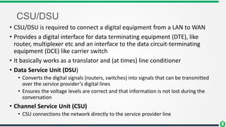 CSU/DSU
• CSU/DSU is required to connect a digital equipment from a LAN to WAN
• Provides a digital interface for data terminating equipment (DTE), like
router, multiplexer etc and an interface to the data circuit-terminating
equipment (DCE) like carrier switch
• It basically works as a translator and (at times) line conditioner
• Data Service Unit (DSU)
• Converts the digital signals (routers, switches) into signals that can be transmitted
over the service provider’s digital lines
• Ensures the voltage levels are correct and that information is not lost during the
conversation
• Channel Service Unit (CSU)
• CSU connections the network directly to the service provider line
 