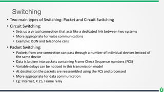 Switching
• Two main types of Switching: Packet and Circuit Switching
• Circuit Switching:
• Sets up a virtual connection that acts like a dedicated link between two systems
• More appropriate for voice communications
• Example: ISDN and telephone calls
• Packet Switching:
• Packets from one connection can pass through a number of individual devices instead of
the same device
• Data is broken into packets containing Frame Check Sequence numbers (FCS)
• Variable delays can be noticed in this transmission model
• At destination the packets are reassembled using the FCS and processed
• More appropriate for data communication
• Eg: Internet, X.25, Frame relay
 