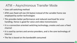 ATM – Asynchronous Transfer Mode
• Uses cell-switching method
• ATM uses fixed cell size (53 bytes) instead of the variable frame size
employed by earlier technologies
• This provides better performance and reduced overhead for error
handling. Hence is good for voice and video transmissions
• It is a connection oriented switching technology, creates and uses a fixed
channel
• It is used by carriers and service providers, and is the core technology of
Internet
• The fee is based on the bandwidth consumed
 