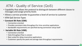 ATM - Quality of Service (QoS)
• Capability that allows the protocol to distinguish between different classes to
messages and assign priority levels
• Allows a service provider to guarantee a level of service to customer
• ATM QoS Service Types
• Constant Bit Rate (CBR):
• Connection oriented
• Provides consistent data throughput for time-sensitive applications
• Bandwidth requirements are specified during connection setup itself
• Variable Bit Rate (VBR):
• Connection oriented
• Data throughput flow is uneven
• Best suited for delay-insensitive applications
• Customers specify the peak and average data throughput requirements.
 