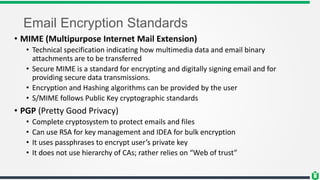 Email Encryption Standards
• MIME (Multipurpose Internet Mail Extension)
• Technical specification indicating how multimedia data and email binary
attachments are to be transferred
• Secure MIME is a standard for encrypting and digitally signing email and for
providing secure data transmissions.
• Encryption and Hashing algorithms can be provided by the user
• S/MIME follows Public Key cryptographic standards
• PGP (Pretty Good Privacy)
• Complete cryptosystem to protect emails and files
• Can use RSA for key management and IDEA for bulk encryption
• It uses passphrases to encrypt user’s private key
• It does not use hierarchy of CAs; rather relies on “Web of trust”
 