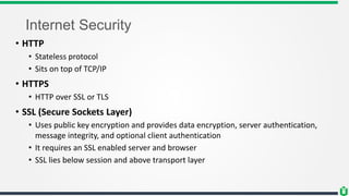 Internet Security
• HTTP
• Stateless protocol
• Sits on top of TCP/IP
• HTTPS
• HTTP over SSL or TLS
• SSL (Secure Sockets Layer)
• Uses public key encryption and provides data encryption, server authentication,
message integrity, and optional client authentication
• It requires an SSL enabled server and browser
• SSL lies below session and above transport layer
 