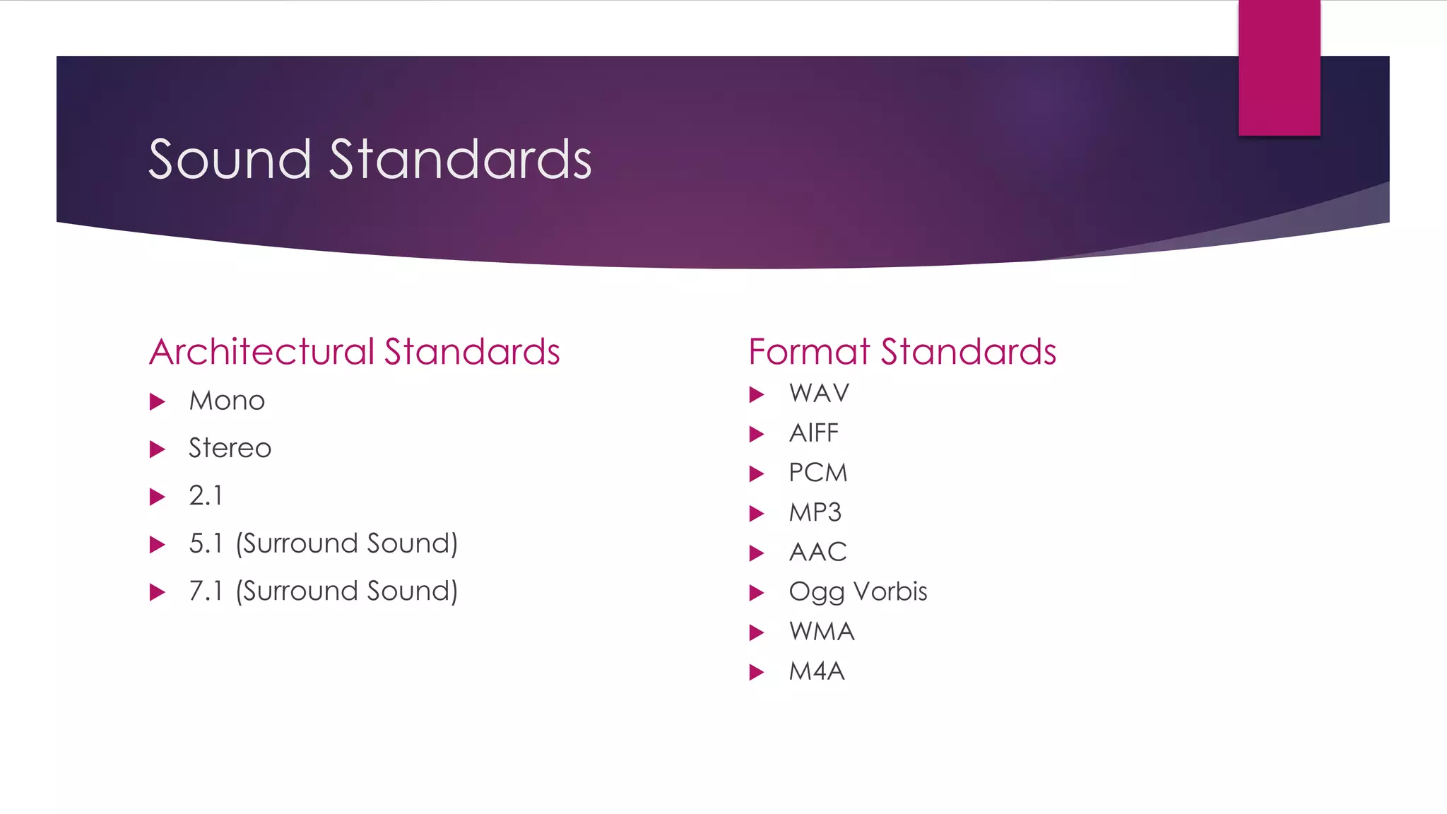 Sound Standards
Architectural Standards
Mono
Stereo
2.1
5.1 (Surround Sound)
7.1 (Surround Sound)
Format Standards
WAV
AIFF
PCM
MP3
AAC
Ogg Vorbis
WMA
M4A