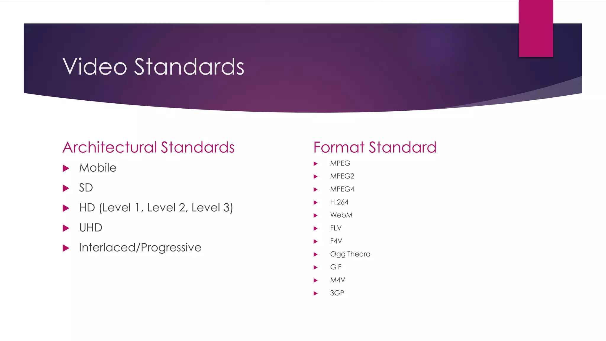 Video Standards
Architectural Standards
Mobile
SD
HD (Level 1, Level 2, Level 3)
UHD
Interlaced/Progressive
Format Standard
MPEG
MPEG2
MPEG4
H.264
WebM
FLV
F4V
Ogg Theora
GIF
M4V
3GP