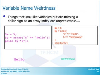 Trường Đại Học Bách Khoa TP.HCM
Khoa Khoa Học và Kỹ Thuật Máy Tính
© 2022
Lập Trình Web
37
Variable Name Weirdness
• Things that look like variables but are missing a
dollar sign as an array index are unpredictable....
$x = 5;
$y = array("x" => "Hello");
print $y[“x”];
Hello
$x = 5;
$y = array(
"x" => "Hello",
5 => "newwwww”
);
print $y[“5”];
newwwww
 