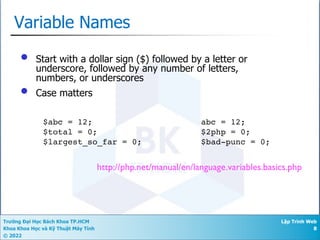 Trường Đại Học Bách Khoa TP.HCM
Khoa Khoa Học và Kỹ Thuật Máy Tính
© 2022
Lập Trình Web
8
Variable Names
• Start with a dollar sign ($) followed by a letter or
underscore, followed by any number of letters,
numbers, or underscores
• Case matters
http://php.net/manual/en/language.variables.basics.php
$abc = 12;
$total = 0;
$largest_so_far = 0;
abc = 12;
$2php = 0;
$bad-punc = 0;
 