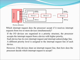 Priority arbitration
Device 1 Device 2 Device p
Processor
INTA1
INTR1 INTRp
INTAp
Which interrupt request does the processor accept if it receives interrupt
requests from two or more devices simultaneously?
If the I/O devices are organized in a priority structure, the processor
accepts the interrupt request from a device with higher priority.
Each device has its own interrupt request and interrupt acknowledge line.
A different priority level is assigned to the interrupt request line of each
device.
However, if the devices share an interrupt request line, then how does the
processor decide which interrupt request to accept?
 