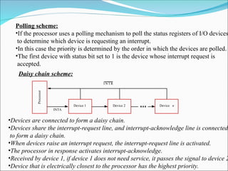 Processor
Device 2
I NTR
INTA
Device n
Device 1
Polling scheme:
•If the processor uses a polling mechanism to poll the status registers of I/O devices
to determine which device is requesting an interrupt.
•In this case the priority is determined by the order in which the devices are polled.
•The first device with status bit set to 1 is the device whose interrupt request is
accepted.
Daisy chain scheme:
•Devices are connected to form a daisy chain.
•Devices share the interrupt-request line, and interrupt-acknowledge line is connected
to form a daisy chain.
•When devices raise an interrupt request, the interrupt-request line is activated.
•The processor in response activates interrupt-acknowledge.
•Received by device 1, if device 1 does not need service, it passes the signal to device 2
•Device that is electrically closest to the processor has the highest priority.
 