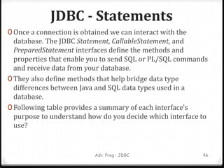 JDBC - Statements
0 Once a connection is obtained we can interact with the
database. The JDBC Statement, CallableStatement, and
PreparedStatement interfaces define the methods and
properties that enable you to send SQL or PL/SQL commands
and receive data from your database.
0 They also define methods that help bridge data type
differences between Java and SQL data types used in a
database.
0 Following table provides a summary of each interface's
purpose to understand how do you decide which interface to
use?
Adv. Prog : JDBC 46
 