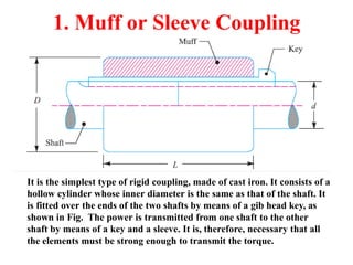 1. Muff or Sleeve Coupling
It is the simplest type of rigid coupling, made of cast iron. It consists of a
hollow cylinder whose inner diameter is the same as that of the shaft. It
is fitted over the ends of the two shafts by means of a gib head key, as
shown in Fig. The power is transmitted from one shaft to the other
shaft by means of a key and a sleeve. It is, therefore, necessary that all
the elements must be strong enough to transmit the torque.
 
