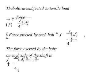 
4
4
2
2
2
b
n
f

 Forceexerted by each bolt  f

The force exerted by the bolts
on each side of the shaft is

4
 d
Thebolts aresubjected to tensile load
b
 d t 
2
t
b
 d

t

 
force
( f )
 