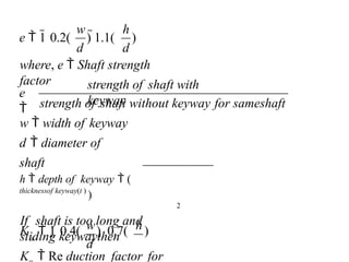 where, e  Shaft strength
factor
w h
strength of shaft without keyway for sameshaft
w  width of keyway
d  diameter of
shaft
h  depth of keyway  (
thicknessof keyway(t )
)
2
If shaft is too long and
sliding keywaythen
K  Re duction factor for
strength of shaft with
keyway
e

h
d d
w
e  1 0.2( ) 1.1( )
o
K  1 0.4( )  0.7( )
d
 