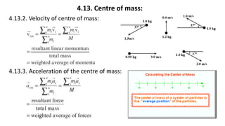 4.13. Centre of mass:
4.13.2. Velocity of centre of mass:
4.13.3. Acceleration of the centre of mass:
 