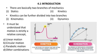 • There are basically two branches of mechanics
(i) Statics (ii) Kinetics
4.1 INTRODUCTION
• Kinetics can be further divided into two branches
(i) Kinematics (ii) Dynamics
a) Linear motion
b)Circular motion
c) Parabolic motion
d)Other combinations
• It must be
understood that
motion is strictly a
relative concept,
 