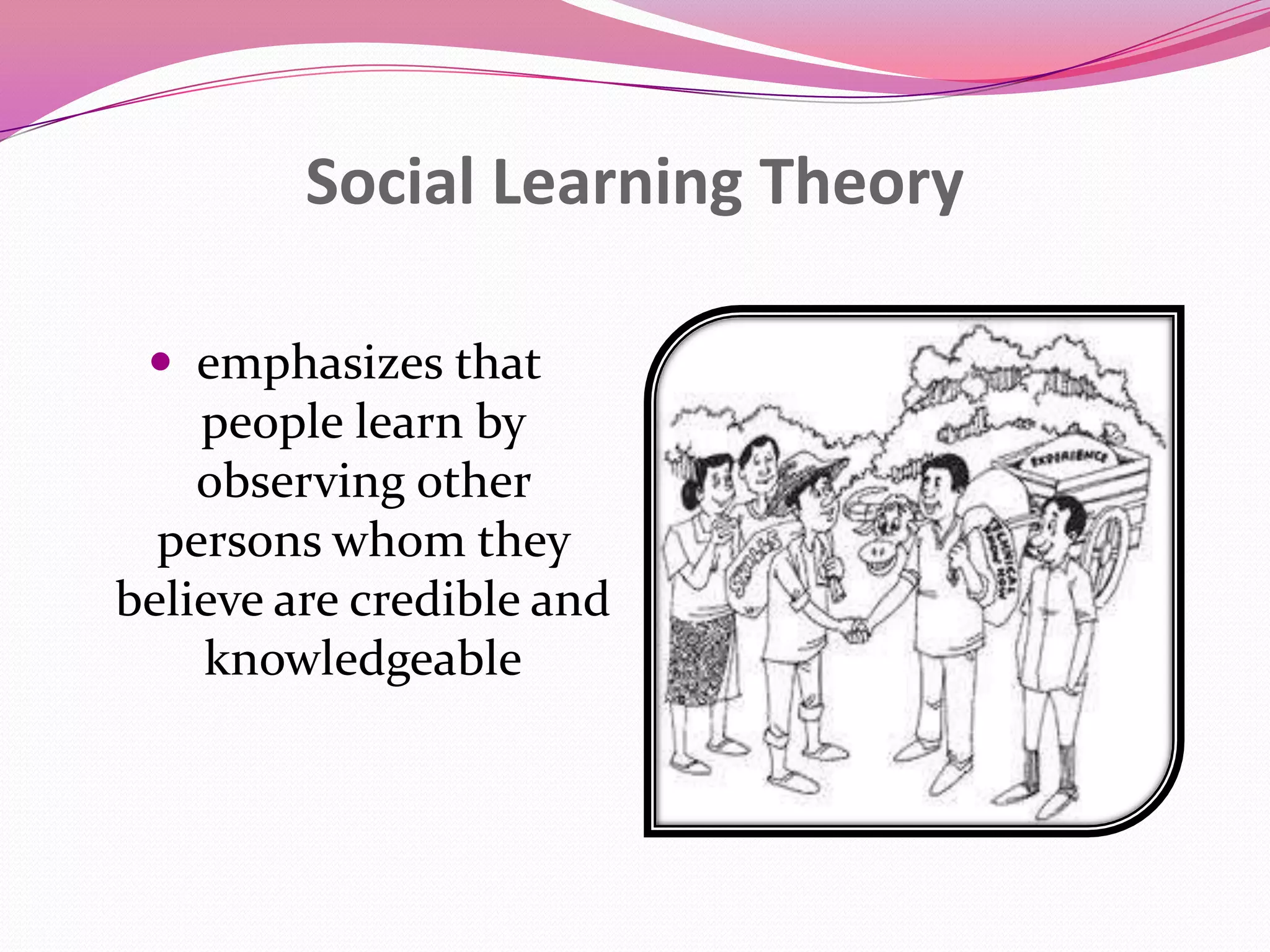 Social Learning Theory
 emphasizes that
people learn by
observing other

persons whom they
believe are credible and
knowledgeable

 