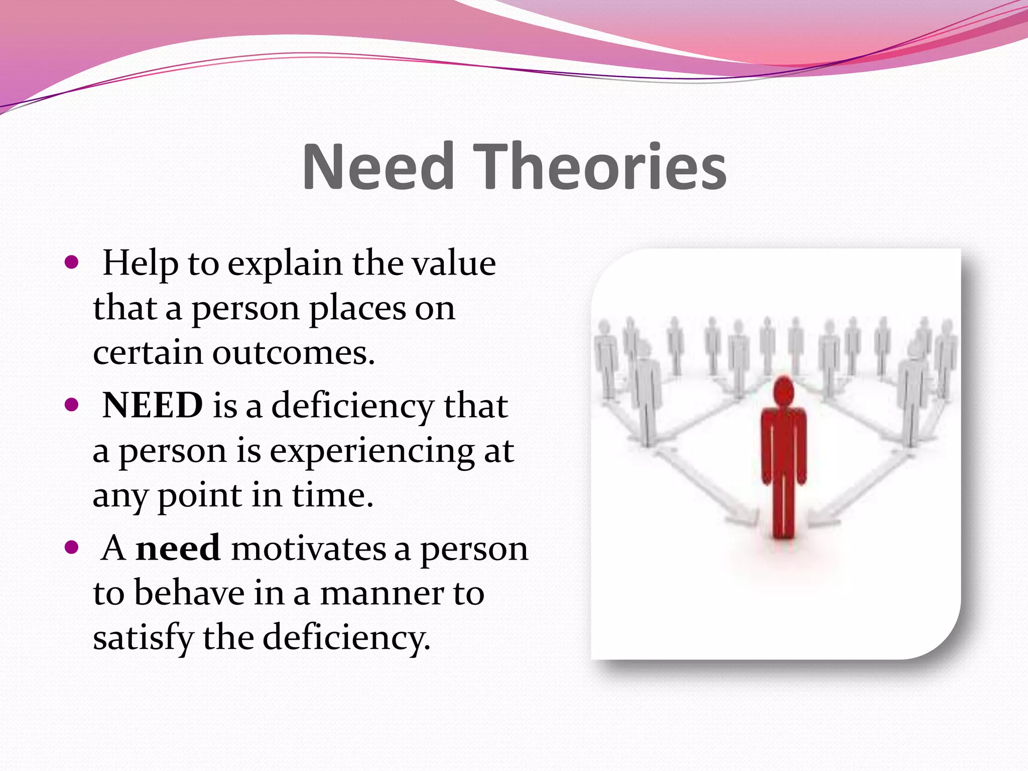 Need Theories
 Help to explain the value

that a person places on
certain outcomes.
 NEED is a deficiency that
a person is experiencing at
any point in time.
 A need motivates a person
to behave in a manner to
satisfy the deficiency.

 
