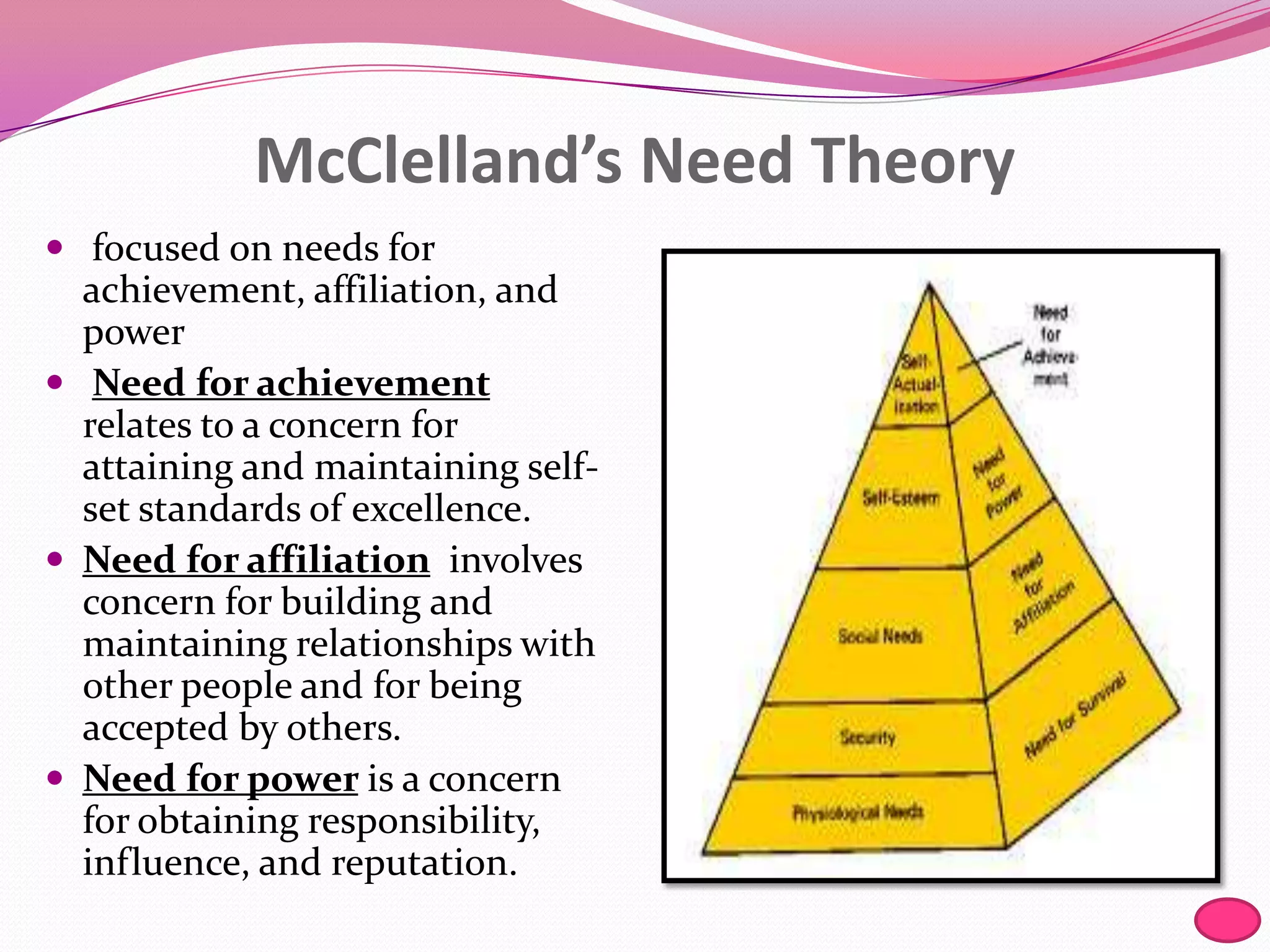 McClelland’s Need Theory
 focused on needs for

achievement, affiliation, and
power
 Need for achievement
relates to a concern for
attaining and maintaining selfset standards of excellence.
 Need for affiliation involves
concern for building and
maintaining relationships with
other people and for being
accepted by others.
 Need for power is a concern
for obtaining responsibility,
influence, and reputation.

 