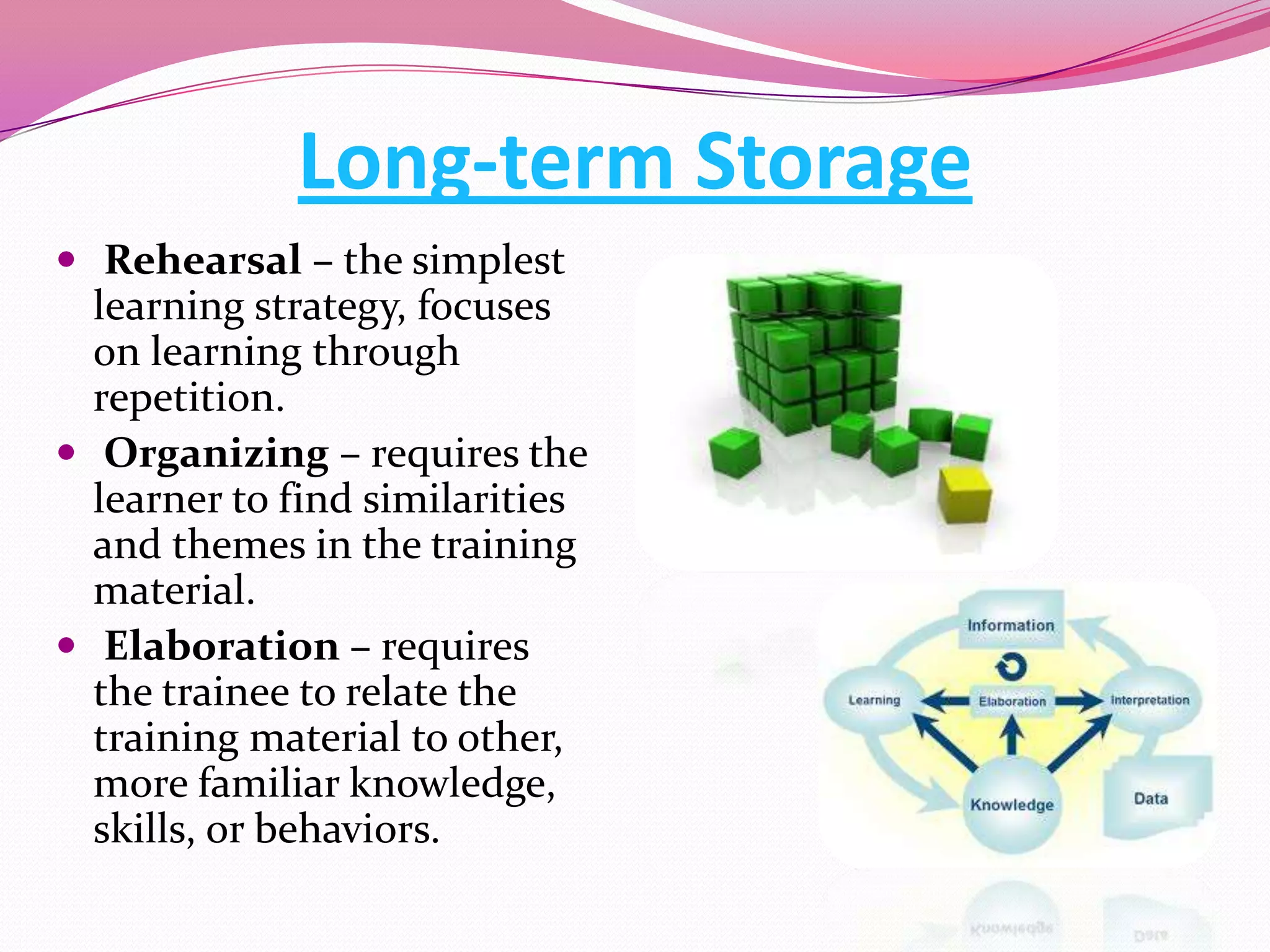 Long-term Storage
 Rehearsal – the simplest

learning strategy, focuses
on learning through
repetition.
 Organizing – requires the
learner to find similarities
and themes in the training
material.
 Elaboration – requires
the trainee to relate the
training material to other,
more familiar knowledge,
skills, or behaviors.

 