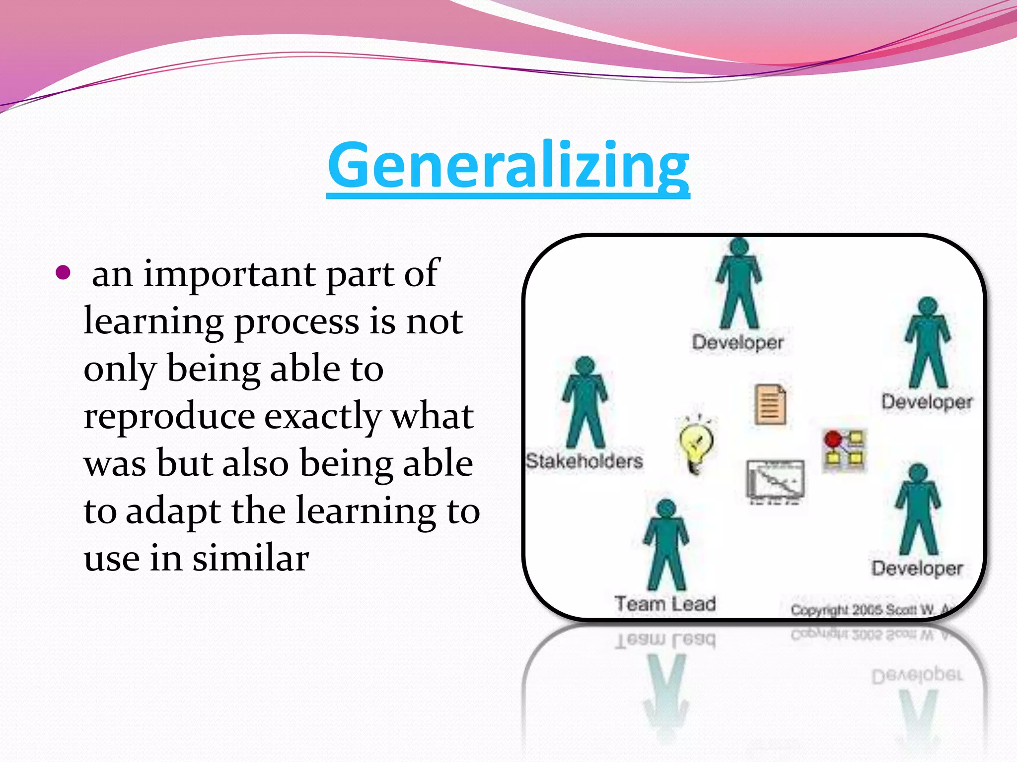 Generalizing
 an important part of
learning process is not
only being able to
reproduce exactly what
was but also being able
to adapt the learning to
use in similar

 