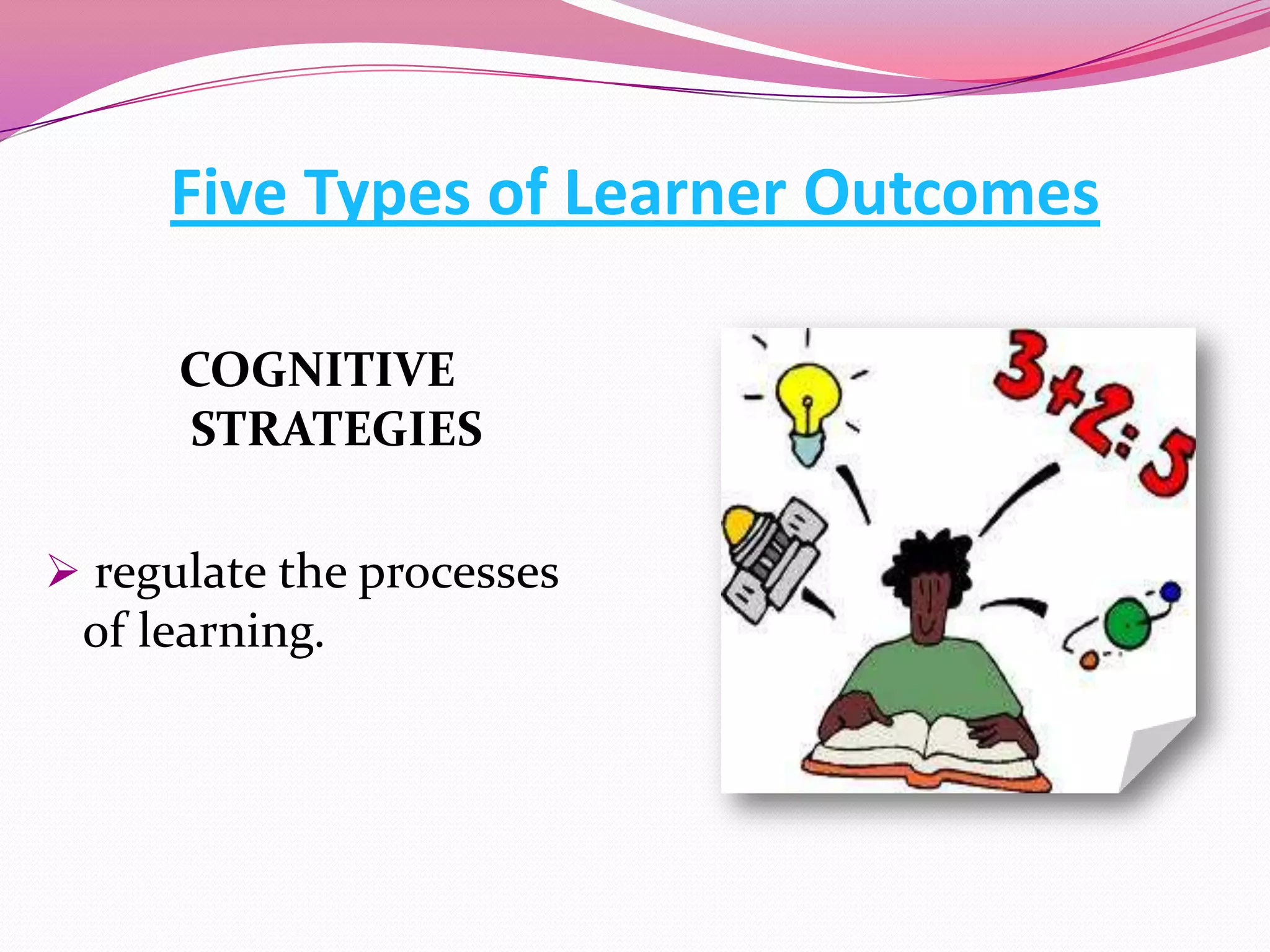 Five Types of Learner Outcomes
COGNITIVE
STRATEGIES
 regulate the processes
of learning.

 