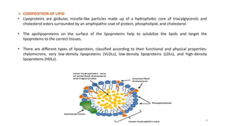  COMPOSITION OF LIPID
• Lipoproteins are globular, micelle-like particles made up of a hydrophobic core of triacylglycerols and
cholesterol esters surrounded by an amphipathic coat of protein, phospholipid, and cholesterol.
• The apolipoproteins on the surface of the lipoproteins help to solubilize the lipids and target the
lipoproteins to the correct tissues.
• There are different types of lipoprotein, classified according to their functional and physical properties:
chylomicrons, very low-density lipoproteins (VLDLs), low-density lipoproteins (LDLs), and high-density
lipoproteins (HDLs).
14
 
