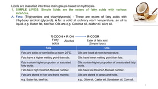 Lipids are classified into three main groups based on hydrolysis.
1. SIMPLE LIPIDS: Simple lipids are the esters of fatty acids with various
alcohols.
A. Fats: (Triglycerides and triacylglycerols) - These are esters of fatty acids with
trihydroxy alcohol (glycerol). A fat is solid at ordinary room temperature, an oil is
liquid. e.g. Butter fat, beef fat. Oils are e.g. Coconut oil, castor oil, olive oil.
Fats Oils
Fats are solids or semisolids at room 25°C. Oils are liquid at room temperature.
Fats have a higher melting point than oils. Oils have lower melting point than fats.
Fats contain higher proportion of saturated
fatty acids.
Oils contain higher proportion of unsaturated fatty
acids.
Fats have high Reichert-Meissel number. Oils have low Reichert-Meissel number.
Fats are stored in liver and bone marrow. Oils are stored in seeds and fruits.
e.g. Butter fat, beef fat. e.g., Olive oil, Castor oil, Soyabean oil, Corn oil.
R-COOH + R-OH R-COOR
Fatty
acids
Alcohol Ester of fatty acid
(Simple lipids)
5
 