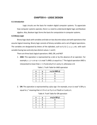 CHAPTER 4 – LOGIC DESIGN
4.1 Introduction
Logic circuits are the basis for modern digital computer systems. To appreciate
how computer systems operate, there is a need to understand digital logic and Boolean
algebra. Also, Boolean logic forms the basis for computation in computer systems.
4.2 Binary Logic
Binary logic deals with variables and take on two discrete values and with operations that
assume logical meaning. Binary logic consists of binary variables and a set of logical operations.
The variables are designated by letters of the alphabet, such as A, B, C, x, y, z, etc. with each
variable having two and only two distinct values: 1 and 0.
There are three basic logical operations: AND, OR, and NOT
1. AND: This operation is represented by a dot or by the absence of an operator. For
example, x . y = z or xy = z is read “x AND y is equal to z.” The logical operation AND is
interpreted to mean that z = 1 if and only if x=1 and y=1; otherwise z=0.
Table 1. Truth Table for AND operation
x y x.y (x AND y)
0 0 0
0 1 0
1 0 0
1 1 1
2. OR: This operation is represented by a plus sign. For example, x+y=z is read “x OR y is
equal to z,” meaning that z=1 if x=1 or if y=1 or if both x=1 and y=1.
Table 4. Truth Table for OR operation
x y x+y (x OR y)
0 0 0
0 1 1
1 0 1
1 1 1
 