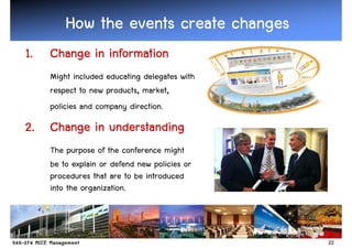 How the events create changes
1.   Change in information
     Might included educating delegates with
     respect to new products, market,
     policies and company direction.
2. Change in understanding
     The purpose of the conference might
     be to explain or defend new policies or
     procedures that are to be introduced
     into the organization.



                                               22
 