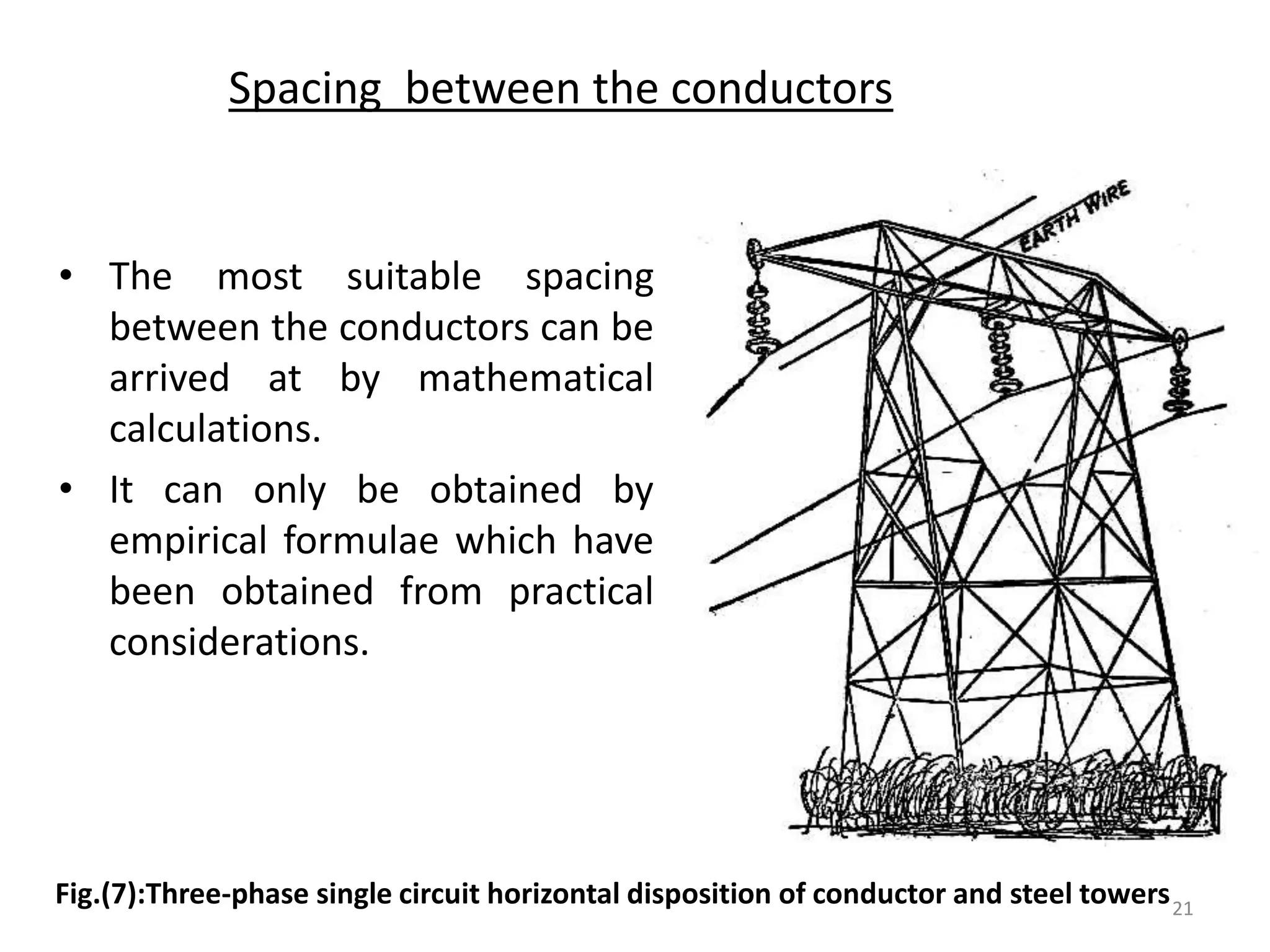 Spacing between the conductors
• The most suitable spacing
between the conductors can be
arrived at by mathematical
calculations.
• It can only be obtained by
empirical formulae which have
been obtained from practical
considerations.
Fig.(7):Three-phase single circuit horizontal disposition of conductor and steel towers21
 