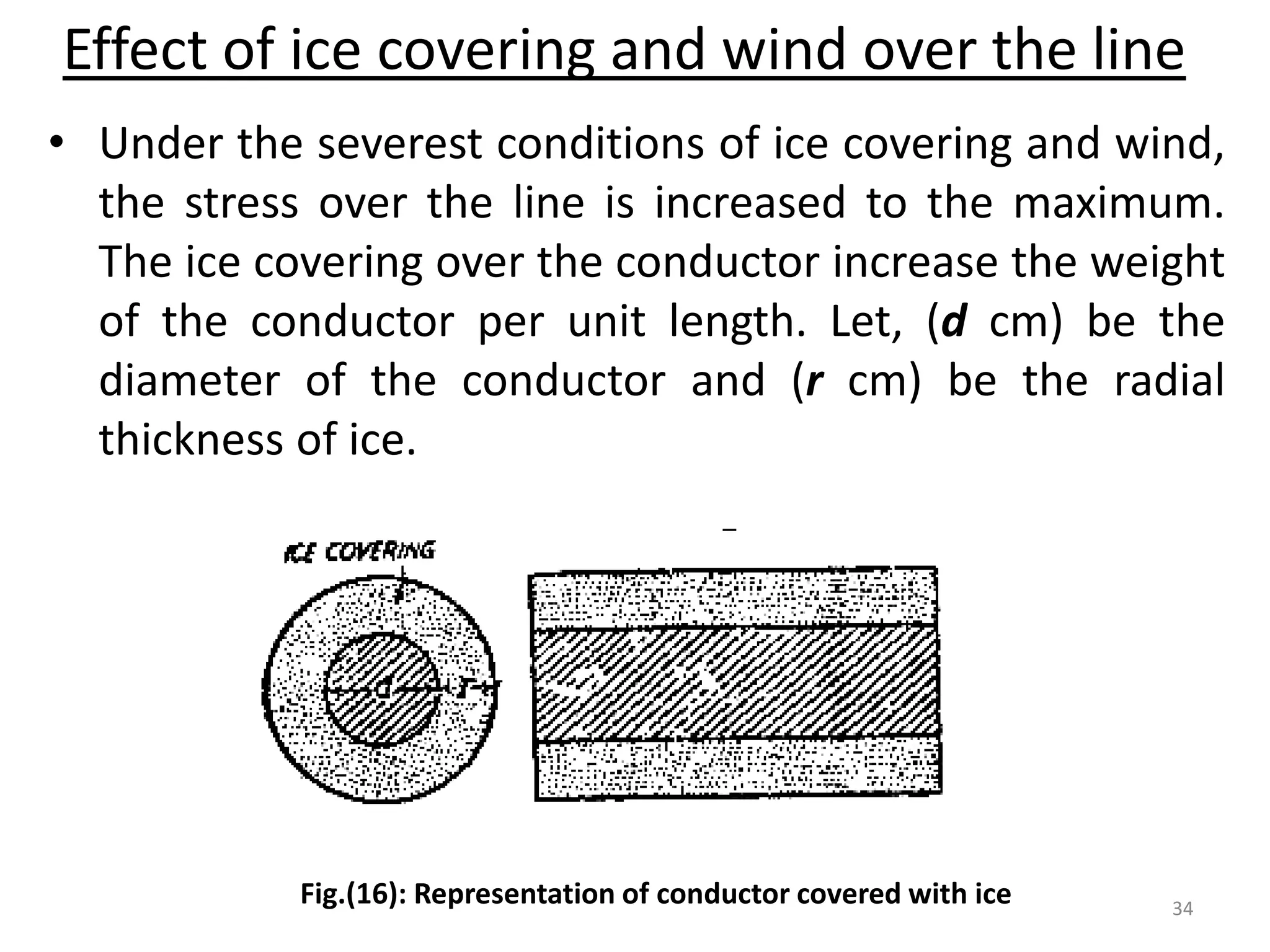 Effect of ice covering and wind over the line
• Under the severest conditions of ice covering and wind,
the stress over the line is increased to the maximum.
The ice covering over the conductor increase the weight
of the conductor per unit length. Let, (d cm) be the
diameter of the conductor and (r cm) be the radial
thickness of ice.
Fig.(16): Representation of conductor covered with ice 34
 