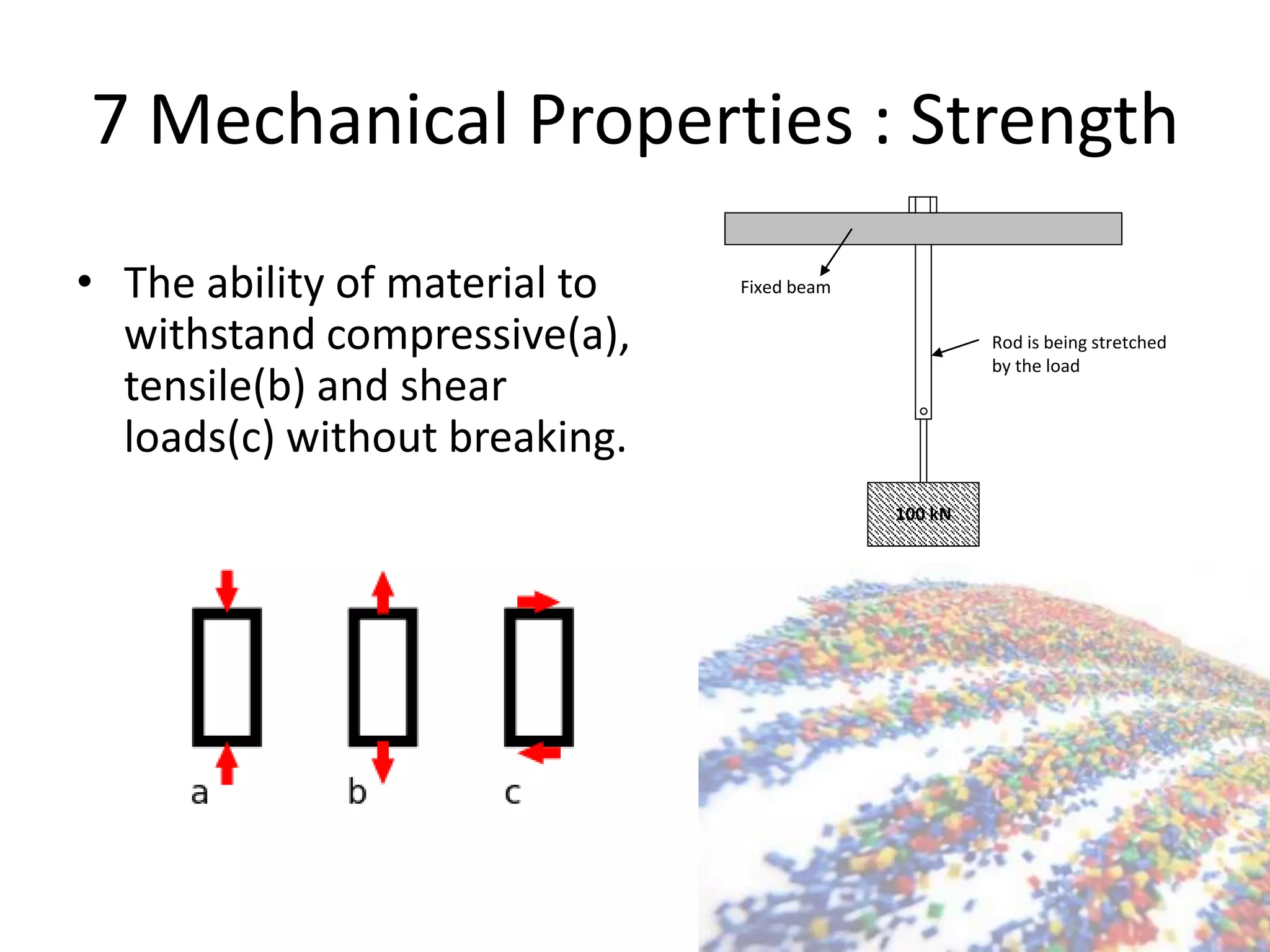 7 Mechanical Properties : Strength
• The ability of material to
withstand compressive(a),
tensile(b) and shear
loads(c) without breaking.
100 kN
Fixed beam
Rod is being stretched
by the load
 