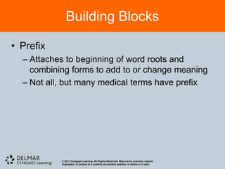 Building Blocks

• Prefix
  – Attaches to beginning of word roots and
    combining forms to add to or change meaning
  – Not all, but many medical terms have prefix




           © 2012 Cengage Learning. All Rights Reserved. May not be scanned, copied,
           duplicated, or posted to a publicly accessible website, in whole or in part.
 