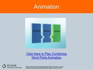 Animation




 Click Here to Play Combining
     Word Parts Animation

© 2012 Cengage Learning. All Rights Reserved. May not be scanned, copied,
duplicated, or posted to a publicly accessible website, in whole or in part.
 