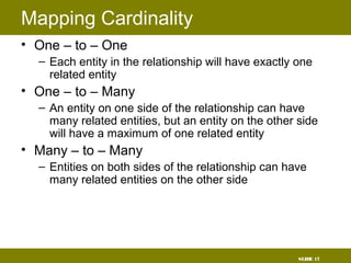 SLIDE 17
Mapping Cardinality
• One – to – One
– Each entity in the relationship will have exactly one
related entity
• One – to – Many
– An entity on one side of the relationship can have
many related entities, but an entity on the other side
will have a maximum of one related entity
• Many – to – Many
– Entities on both sides of the relationship can have
many related entities on the other side
 