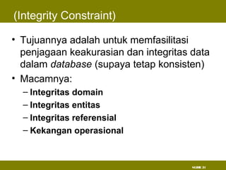 SLIDE 21
(Integrity Constraint)
• Tujuannya adalah untuk memfasilitasi
penjagaan keakurasian dan integritas data
dalam database (supaya tetap konsisten)
• Macamnya:
– Integritas domain
– Integritas entitas
– Integritas referensial
– Kekangan operasional
 
