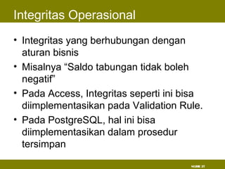 SLIDE 27
Integritas Operasional
• Integritas yang berhubungan dengan
aturan bisnis
• Misalnya “Saldo tabungan tidak boleh
negatif”
• Pada Access, Integritas seperti ini bisa
diimplementasikan pada Validation Rule.
• Pada PostgreSQL, hal ini bisa
diimplementasikan dalam prosedur
tersimpan
 