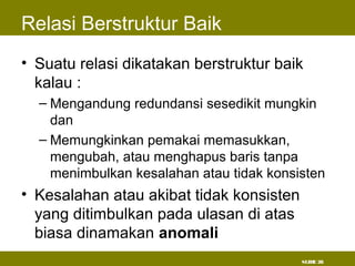 SLIDE 28
Relasi Berstruktur Baik
• Suatu relasi dikatakan berstruktur baik
kalau :
– Mengandung redundansi sesedikit mungkin
dan
– Memungkinkan pemakai memasukkan,
mengubah, atau menghapus baris tanpa
menimbulkan kesalahan atau tidak konsisten
• Kesalahan atau akibat tidak konsisten
yang ditimbulkan pada ulasan di atas
biasa dinamakan anomali
 