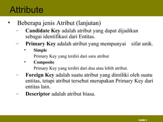 SLIDE 7
Attribute
• Beberapa jenis Atribut (lanjutan)
– Candidate Key adalah atribut yang dapat dijadikan
sebagai identifikasi dari Entitas.
– Primary Key adalah atribut yang mempunyai sifat unik.
• Simple
Primary Key yang terdiri dari saru atribut
• Composite
Primary Key yang terdiri dari dua atau lebih atribut.
– Foreign Key adalah suatu atribut yang dimiliki oleh suatu
entitas, tetapi atribut tersebut merupakan Primary Key dari
entitas lain.
– Descriptor adalah atribut biasa.
 