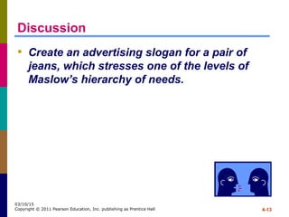 4-13
03/10/15
Copyright © 2011 Pearson Education, Inc. publishing as Prentice Hall
Discussion
• Create an advertising slogan for a pair of
jeans, which stresses one of the levels of
Maslow’s hierarchy of needs.
 