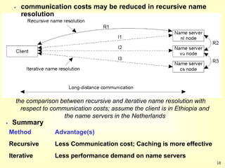 18
the comparison between recursive and iterative name resolution with
respect to communication costs; assume the client is in Ethiopia and
the name servers in the Netherlands
 communication costs may be reduced in recursive name
resolution
 Summary
Method Advantage(s)
Recursive Less Communication cost; Caching is more effective
Iterative Less performance demand on name servers
 