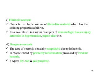 v) Fibrinoid necrosis
 Characterized by deposition of fibrin-like material which has the
   staining properties of fibrin.
 It’s encountered in various examples of immunologic tissues injury,
   arterioles in hypertension, peptic ulcer etc.


vi) Gangrene necrosis
 The type of necrosis is usually coagulative due to ischaemia.
 Is characterized by primarily inflammation provoked by virulent
  bacteria.
 3 types; dry, wet & gas gangrene.


                                                                    16
 