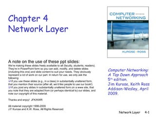 Chapter 4 Network Layer ,[object Object],[object Object],[object Object],[object Object],[object Object],[object Object],[object Object],Computer Networking: A Top Down Approach  5 th  edition.  Jim Kurose, Keith Ross Addison-Wesley, April 2009.  