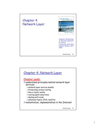 1
Network Layer 4-1
Chapter 4
Network Layer
Computer Networking:
A Top Down Approach
5th edition.
Jim Kurose, Keith Ross
Addison-Wesley, April
2009.
Network Layer 4-2
Chapter 4: Network Layer
Chapter goals:
 understand principles behind network layer
services:
 network layer service models
 forwarding versus routing
 how a router works
 routing (path selection)
 dealing with scale
 advanced topics: IPv6, mobility
 instantiation, implementation in the Internet
 