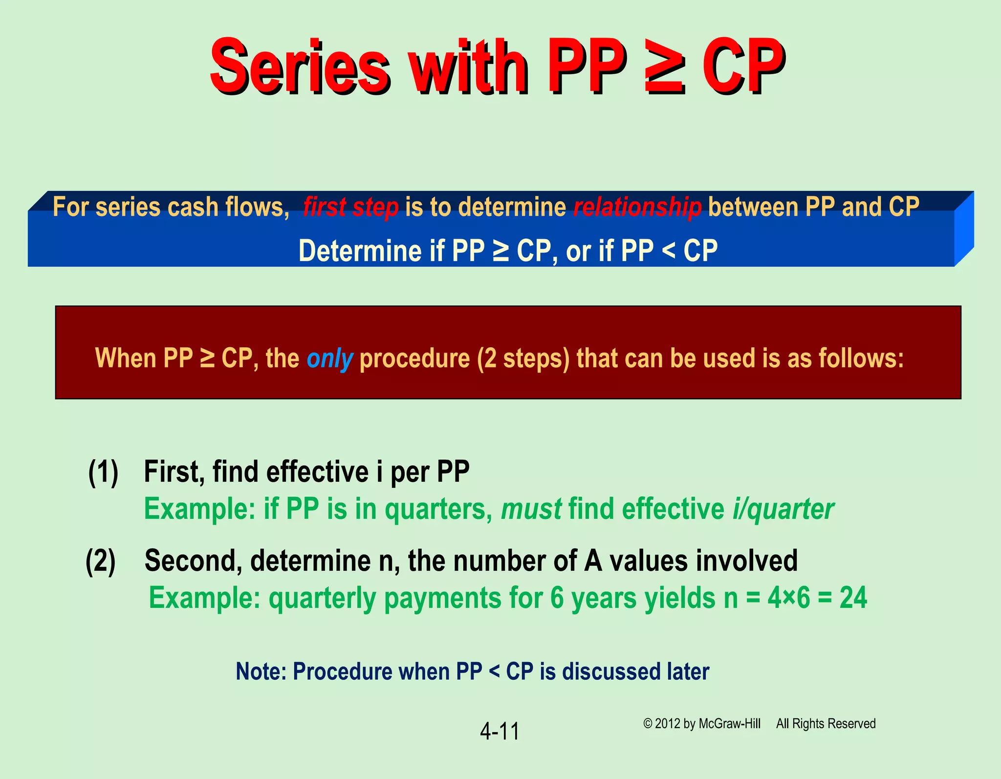 When PP ≥ CP, the only procedure (2 steps) that can be used is as follows:
Series with PP ≥ CPSeries with PP ≥ CP
4-11
For series cash flows, first step is to determine relationship between PP and CP
(1) First, find effective i per PP
Example: if PP is in quarters, must find effective i/quarter
(2) Second, determine n, the number of A values involved
Example: quarterly payments for 6 years yields n = 4×6 = 24
Determine if PP ≥ CP, or if PP < CP
© 2012 by McGraw-Hill All Rights Reserved
Note: Procedure when PP < CP is discussed later
 