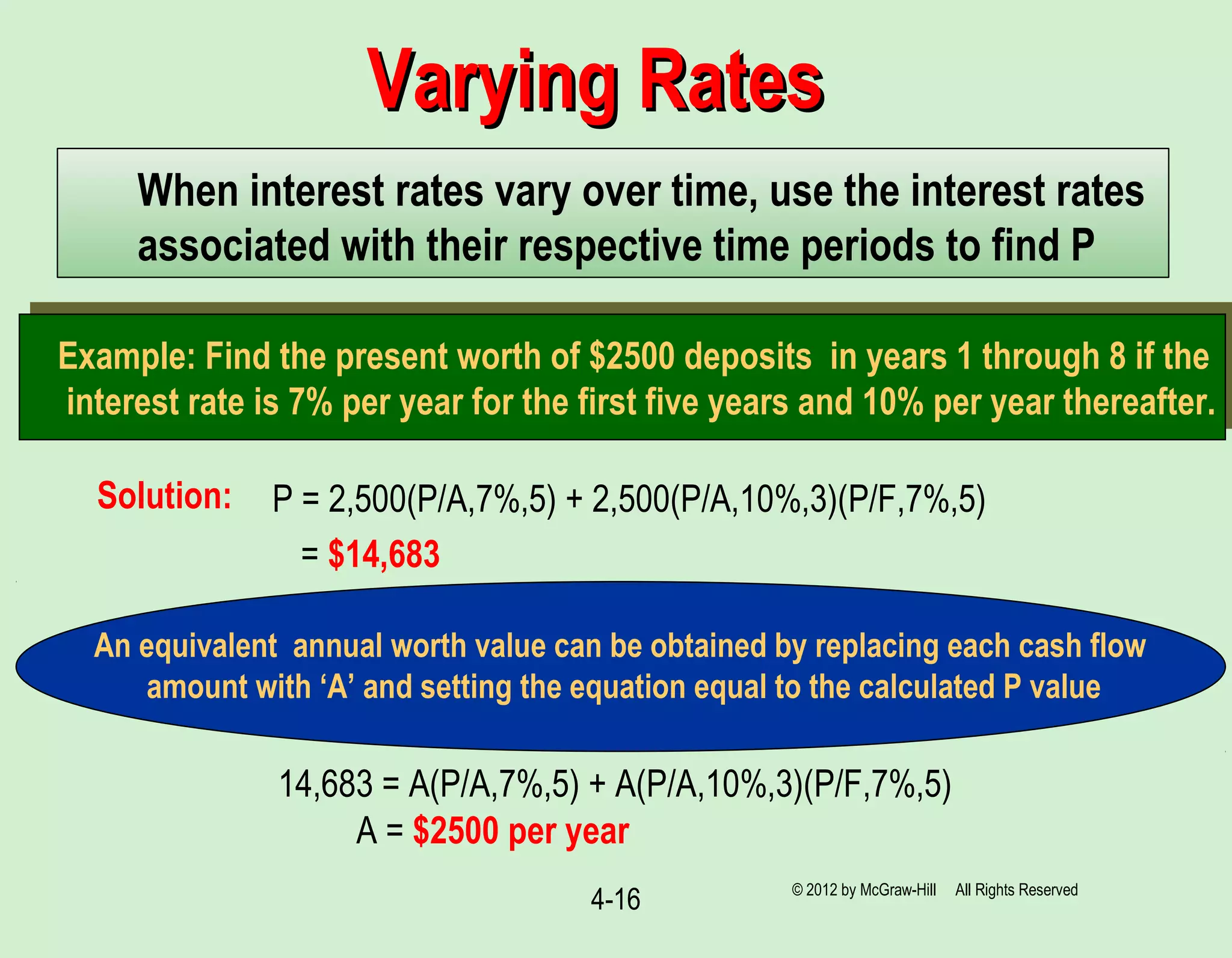 4-16
Varying RatesVarying Rates
For the cash flow shown below, find the future worth (in year 7) at i = 10% per year.
Solution:
When interest rates vary over time, use the interest rates
associated with their respective time periods to find P
Example: Find the present worth of $2500 deposits in years 1 through 8 if the
interest rate is 7% per year for the first five years and 10% per year thereafter.
P = 2,500(P/A,7%,5) + 2,500(P/A,10%,3)(P/F,7%,5)
= $14,683
An equivalent annual worth value can be obtained by replacing each cash flow
amount with ‘A’ and setting the equation equal to the calculated P value
14,683 = A(P/A,7%,5) + A(P/A,10%,3)(P/F,7%,5)
A = $2500 per year
© 2012 by McGraw-Hill All Rights Reserved
 