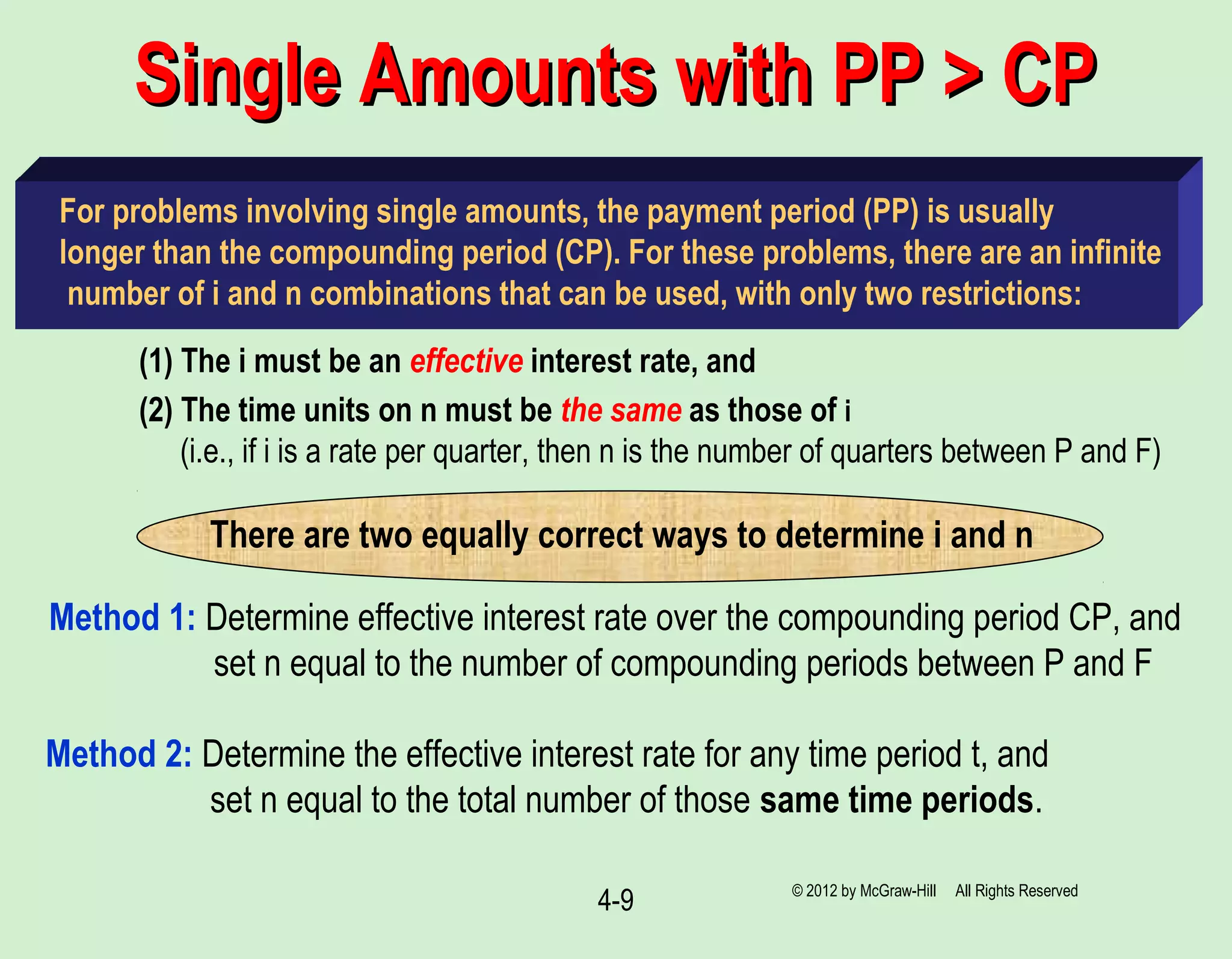 4-9
Single Amounts with PP > CPSingle Amounts with PP > CP
There are two equally correct ways to determine i and n
For problems involving single amounts, the payment period (PP) is usually
longer than the compounding period (CP). For these problems, there are an infinite
number of i and n combinations that can be used, with only two restrictions:
(1) The i must be an effective interest rate, and
(2) The time units on n must be the same as those of i
(i.e., if i is a rate per quarter, then n is the number of quarters between P and F)
Method 1: Determine effective interest rate over the compounding period CP, and
set n equal to the number of compounding periods between P and F
Method 2: Determine the effective interest rate for any time period t, and
set n equal to the total number of those same time periods.
© 2012 by McGraw-Hill All Rights Reserved
 