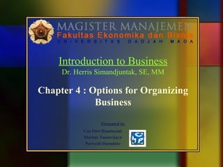 Introduction to Business
Dr. Herris Simandjuntak, SE, MM

Chapter 4 : Options for Organizing
Business
Presented by
Cut Fitri Handayani
Markus Tanuwijaya
Purwedi Darminto

 