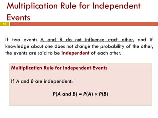 15
Multiplication Rule for Independent
Events
If two events A and B do not influence each other, and if
knowledge about one does not change the probability of the other,
the events are said to be independent of each other.
Multiplication Rule for Independent Events
If A and B are independent:
P(A and B) = P(A) × P(B)
 