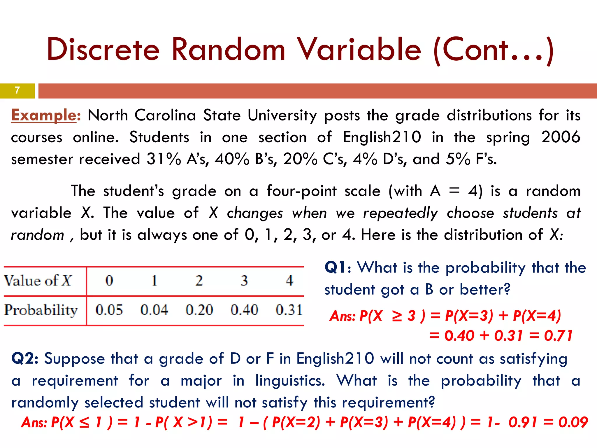 7
Discrete Random Variable (Cont…)
Example: North Carolina State University posts the grade distributions for its
courses online. Students in one section of English210 in the spring 2006
semester received 31% A’s, 40% B’s, 20% C’s, 4% D’s, and 5% F’s.
The student’s grade on a four-point scale (with A = 4) is a random
variable X. The value of X changes when we repeatedly choose students at
random , but it is always one of 0, 1, 2, 3, or 4. Here is the distribution of X:
Q1: What is the probability that the
student got a B or better?
Ans: P(X ≥ 3 ) = P(X=3) + P(X=4)
= 0.40 + 0.31 = 0.71
Q2: Suppose that a grade of D or F in English210 will not count as satisfying
a requirement for a major in linguistics. What is the probability that a
randomly selected student will not satisfy this requirement?
Ans: P(X ≤ 1 ) = 1 - P( X >1) = 1 – ( P(X=2) + P(X=3) + P(X=4) ) = 1- 0.91 = 0.09
 